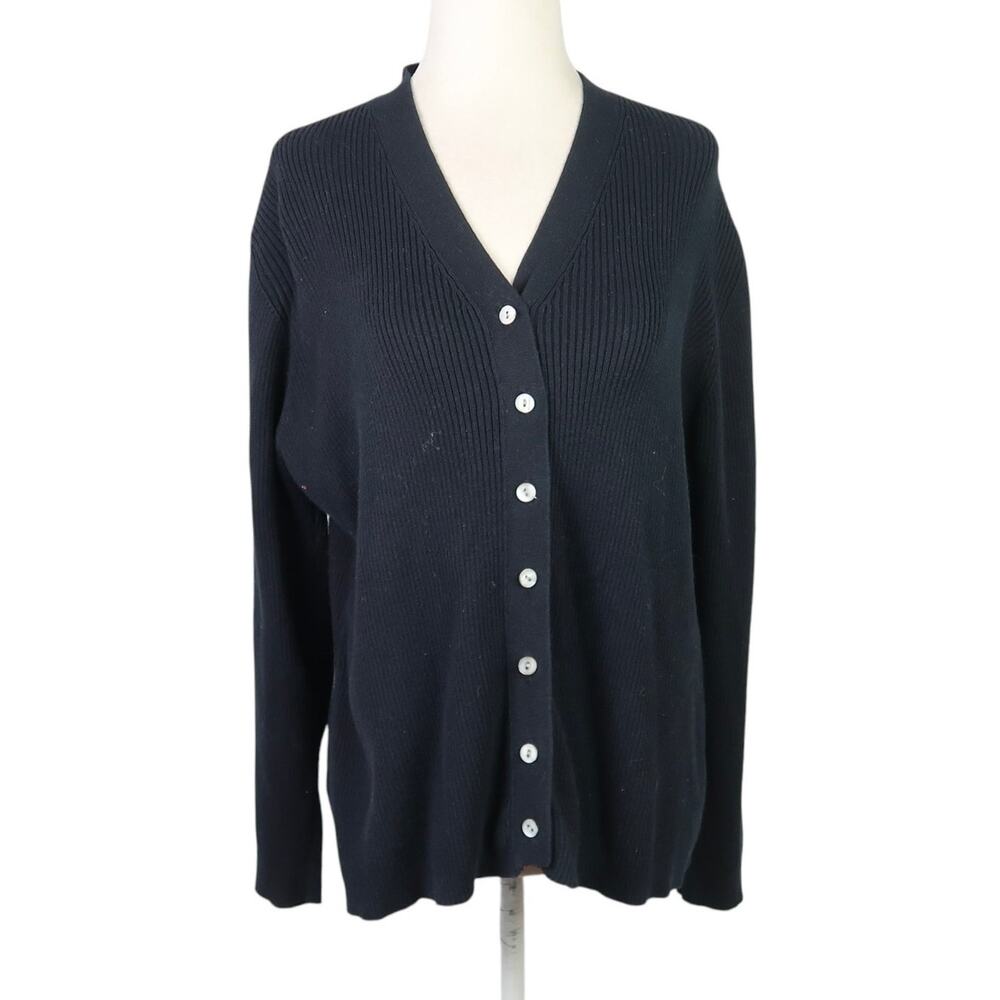 Vintage 90s Yarnworks Black Ribbed Knit Cotton Cardigan Sweater XL